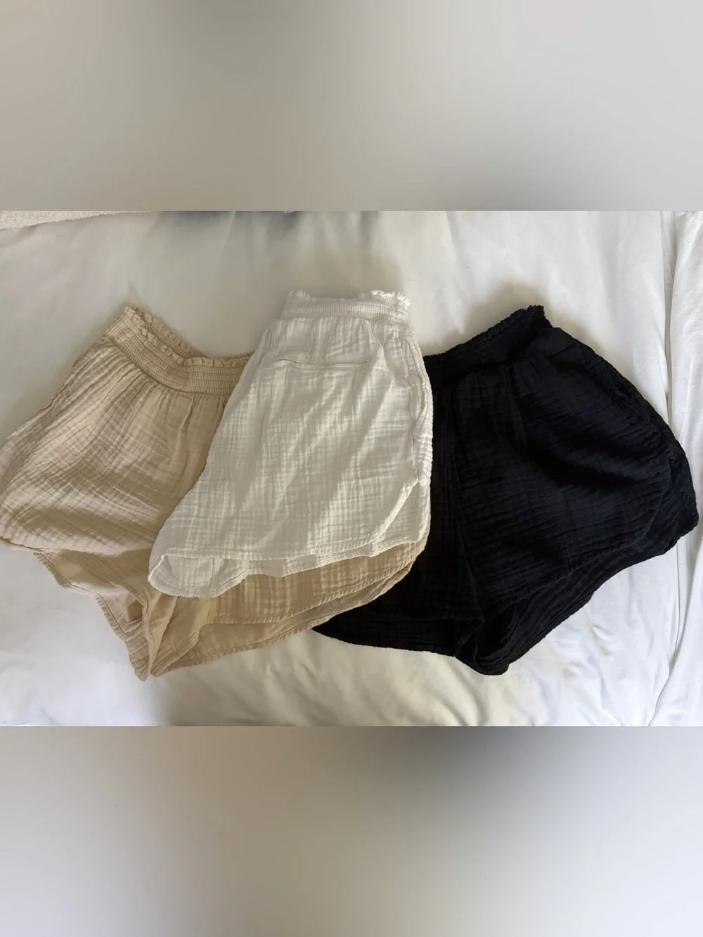 Aerie Cotton Gauze Elastic Waist Shorts Bundle in White, Beige, Black